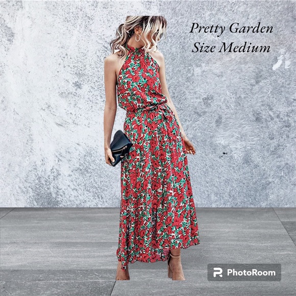 PRETTYGARDEN Women's Halter Floral Long Maxi Dress Ruffle Sundress with Belt - Picture 2 of 7